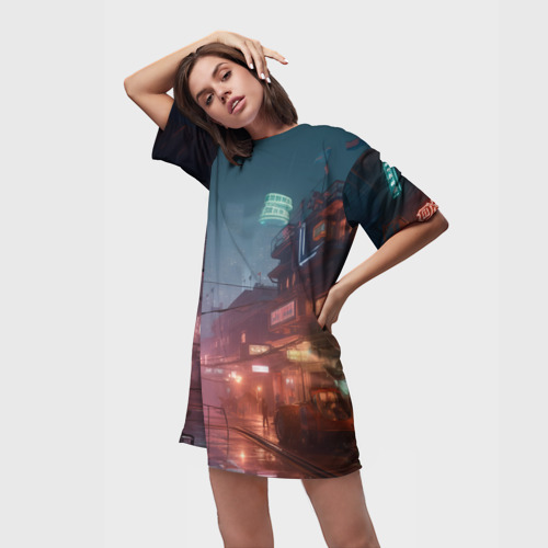 Платье-футболка 3D Киберпанк город будущего, цвет 3D печать - фото 3