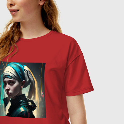 Женская футболка хлопок Oversize Девушка с жемчужной серёжкой Киберпанк, цвет красный - фото 3