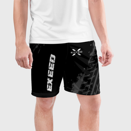 Мужские шорты спортивные с принтом Exeed speed на темном фоне со следами шин: надпись, символ, фото на моделе #1