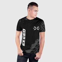 Мужская футболка 3D Slim Exeed Speed на темном фоне со следами шин: надпись, символ - фото 2
