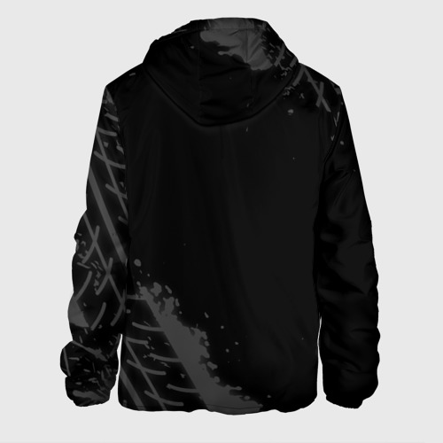Мужская куртка 3D с принтом Exeed speed на темном фоне со следами шин: надпись, символ, вид сзади #1