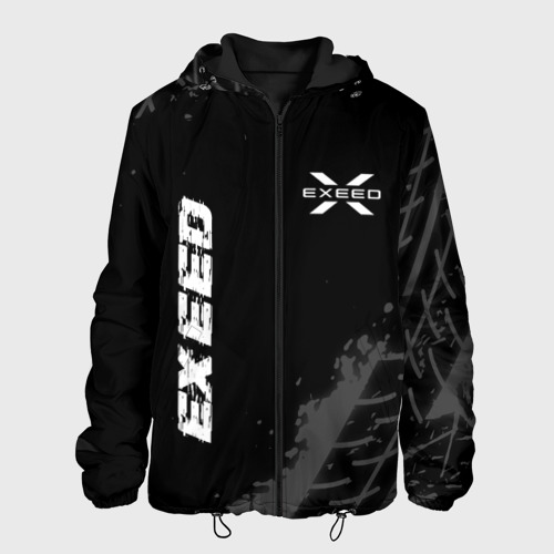 Мужская куртка 3D с принтом Exeed speed на темном фоне со следами шин: надпись, символ, вид спереди #2