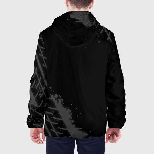 Мужская куртка 3D с принтом Exeed speed на темном фоне со следами шин: надпись, символ, вид сзади #2