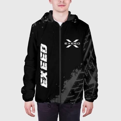 Мужская куртка 3D с принтом Exeed speed на темном фоне со следами шин: надпись, символ, вид сбоку #3