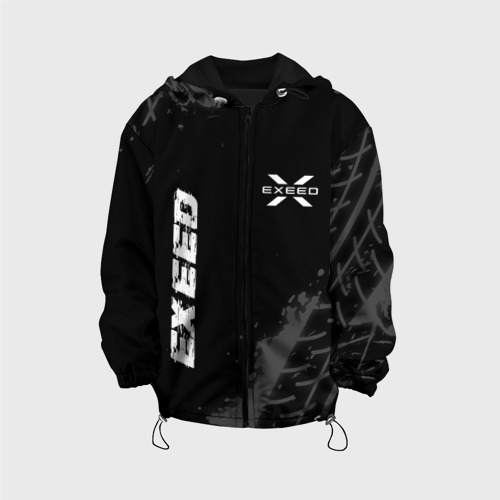 Детская куртка 3D с принтом Exeed speed на темном фоне со следами шин: надпись, символ, вид спереди #2