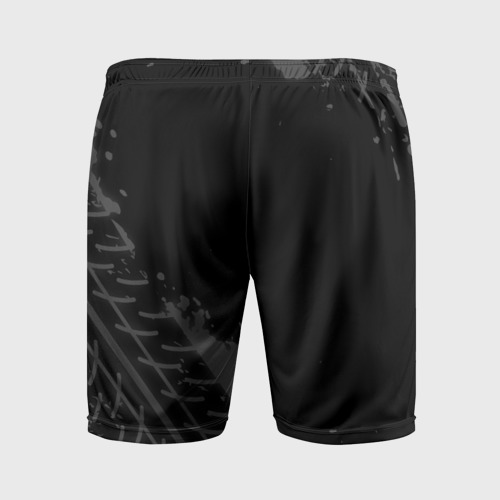 Мужские шорты спортивные с принтом Exeed speed на темном фоне со следами шин: надпись, символ, вид сзади #1