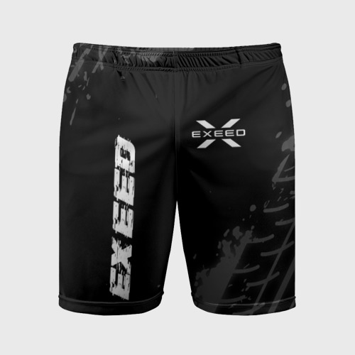 Мужские шорты спортивные с принтом Exeed speed на темном фоне со следами шин: надпись, символ, вид спереди #2