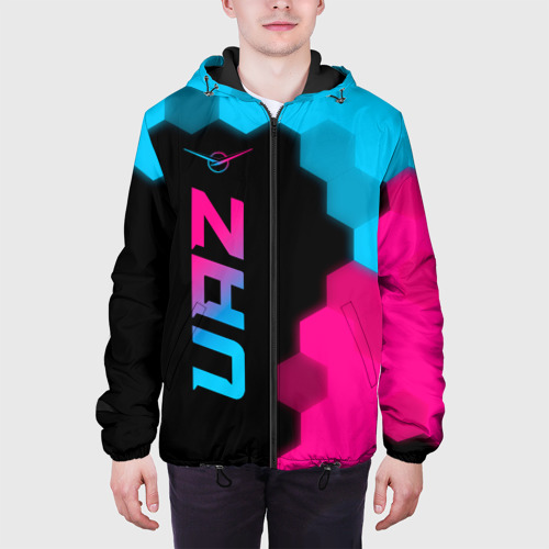 Мужская куртка 3D с принтом UAZ - neon gradient: по-вертикали, вид сбоку #3
