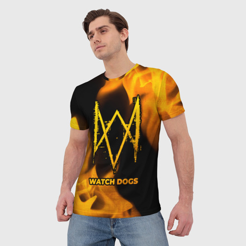 Мужская футболка 3D с принтом Watch Dogs - gold gradient, фото на моделе #1