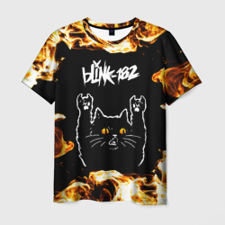 Мужская футболка 3D Blink 182 рок кот и огонь