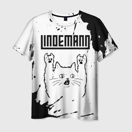 Мужская футболка с принтом Lindemann рок кот на светлом фоне, вид спереди №1
