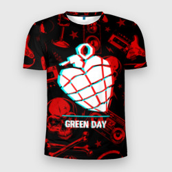 Мужская футболка 3D Slim Green Day rock glitch