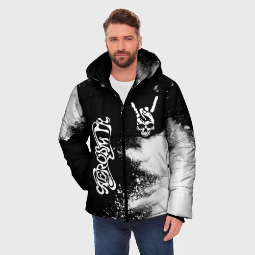 Мужская зимняя куртка 3D с принтом Aerosmith и рок символ на темном фоне, фото на моделе #1