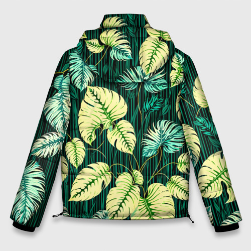 Мужская зимняя куртка 3D с принтом Листья узор тропический, вид сзади #1