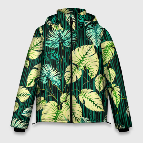 Мужская зимняя куртка 3D с принтом Листья узор тропический, вид спереди #2