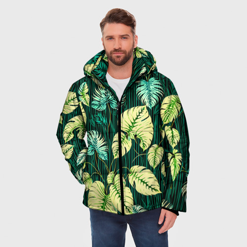 Мужская зимняя куртка 3D с принтом Листья узор тропический, фото на моделе #1