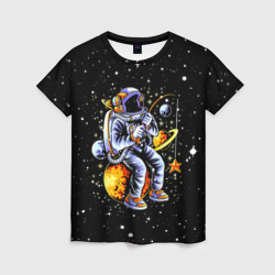 Женская футболка 3D Космонавт на рыбалке - неон
