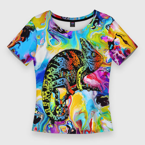 Женская футболка 3D Slim Маскировка хамелеона на фоне ярких красок, цвет 3D печать