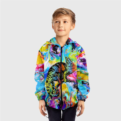 Детская ветровка 3D Маскировка хамелеона на фоне ярких красок, цвет черный - фото 3