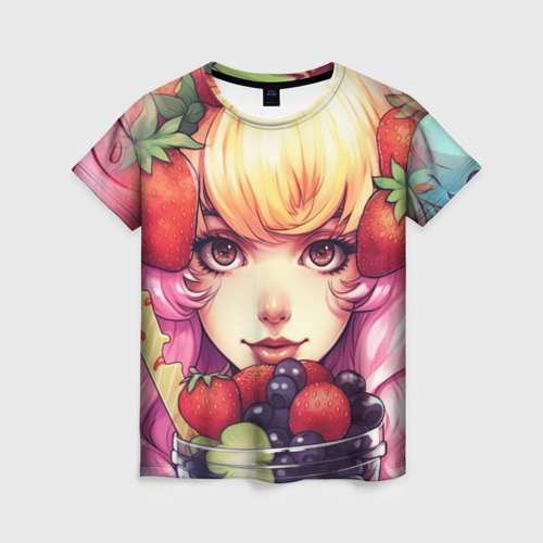Женская футболка с принтом Блондинка с ягодами, вид спереди №1