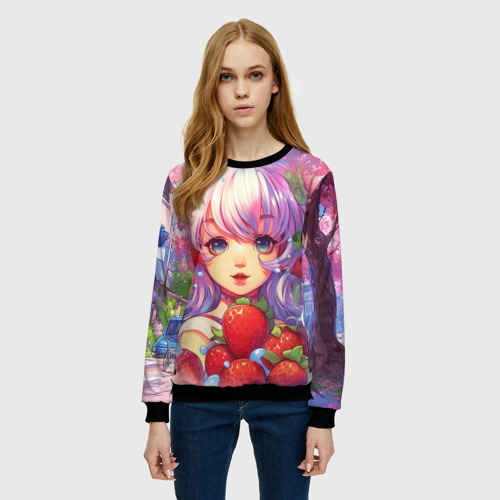 Женский свитшот 3D с принтом Девушка  с фиолетовыми волосами, фото на моделе #1