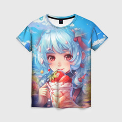 Женская футболка 3D Девушка с синими волосами держит мороженое