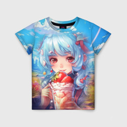Детская футболка 3D Девушка с синими волосами держит мороженое