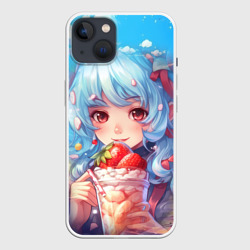 девушка с синими волосами держит мороженое  – Чехол для iPhone 13 с принтом купить