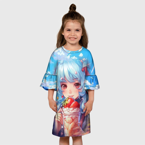 Детское платье 3D с принтом Девушка с синими волосами держит мороженое, вид сбоку #3