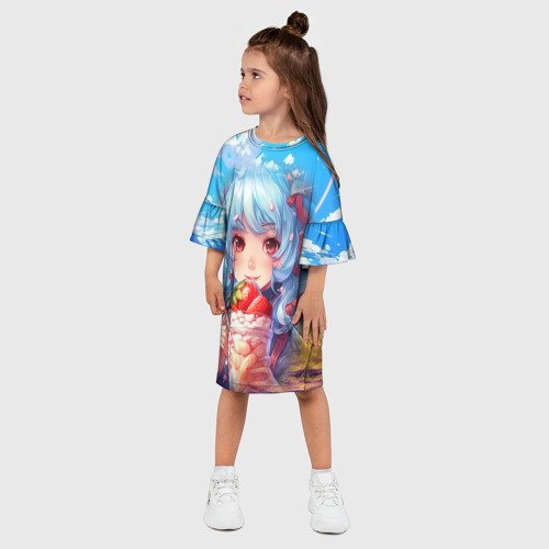 Детское платье 3D с принтом Девушка с синими волосами держит мороженое, фото на моделе #1