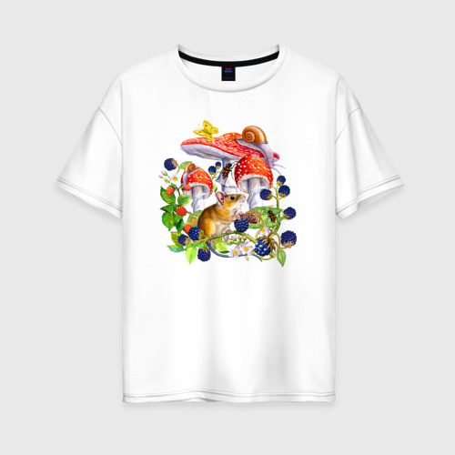 Женская футболка оверсайз из хлопка с принтом Мышь и грибы, вид спереди №1
