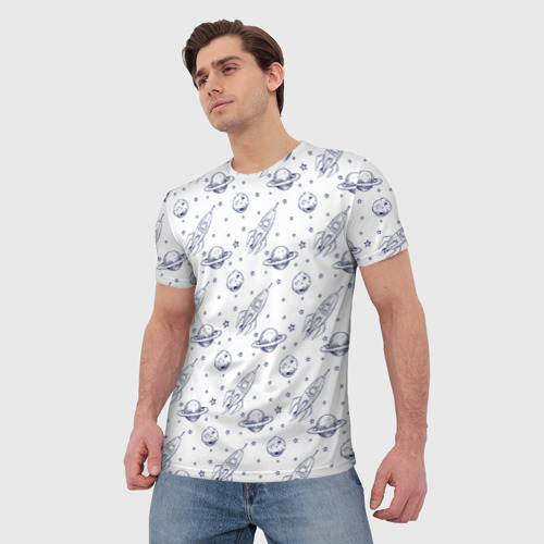 Мужская футболка 3D с принтом Ракеты и астероиды, фото на моделе #1