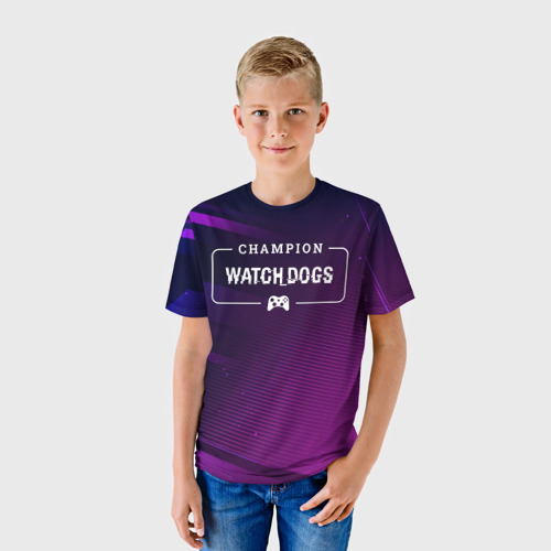 Детская футболка 3D с принтом Watch Dogs gaming champion: рамка с лого и джойстиком на неоновом фоне, фото на моделе #1