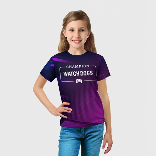 Детская футболка 3D с принтом Watch Dogs gaming champion: рамка с лого и джойстиком на неоновом фоне, вид сбоку #3