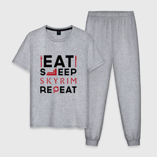 Мужская пижама хлопок с принтом Надпись: eat sleep Skyrim repeat, вид спереди #2