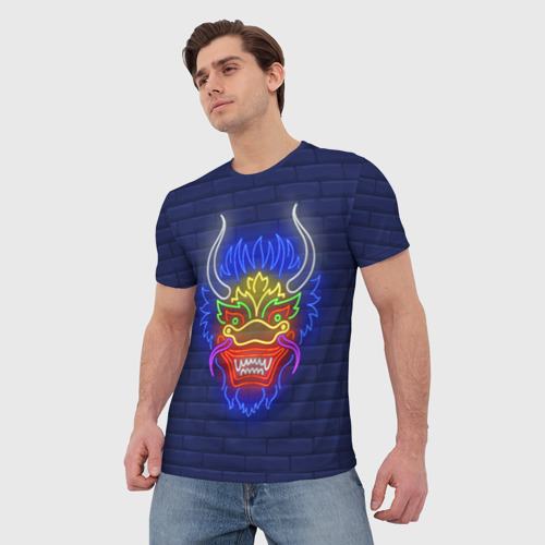 Мужская футболка 3D Неоновый японский дракон, цвет 3D печать - фото 3