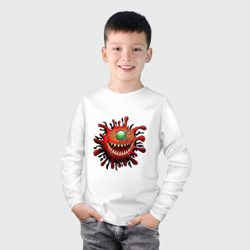 Детский лонгслив хлопок с принтом Веселый вирус красный, фото на моделе #1