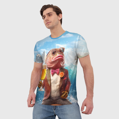 Мужская футболка 3D с принтом Мистер карп с пивом, фото на моделе #1