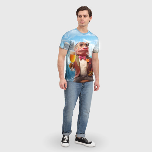 Мужская футболка 3D с принтом Мистер карп с пивом, вид сбоку #3
