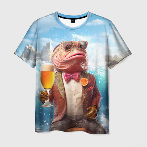 Мужская футболка 3D с принтом Мистер карп с пивом, вид спереди #2