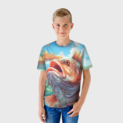 Детская футболка 3D с принтом Большой карп, фото на моделе #1