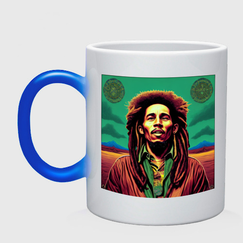 Кружка хамелеон Digital Art Bob Marley in the field, цвет белый + синий