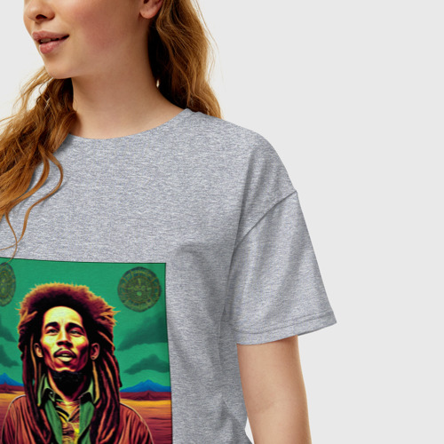 Женская футболка хлопок Oversize Digital Art Bob Marley in the field, цвет меланж - фото 3