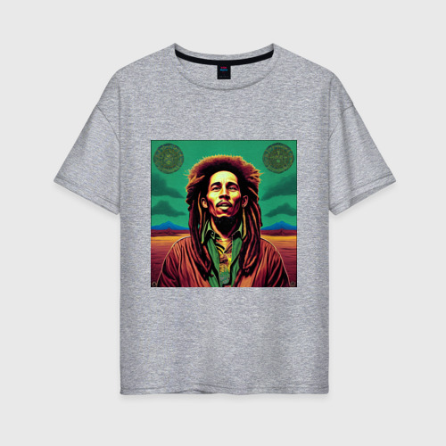 Женская футболка хлопок Oversize Digital Art Bob Marley in the field, цвет меланж