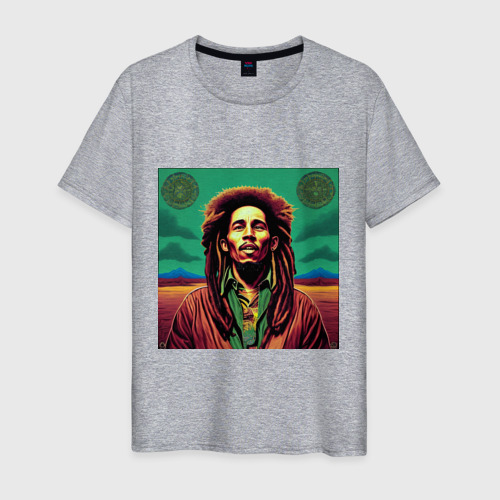 Мужская футболка хлопок Digital Art Bob Marley in the field, цвет меланж