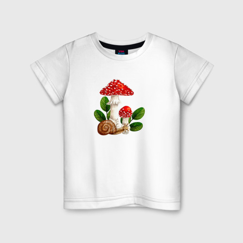 Детская футболка хлопок Мухоморы и улитка в листьях, акварель, цвет белый