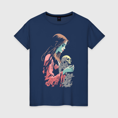 Светящаяся женская футболка с принтом Кукла колдуна с черепом, вид спереди №1