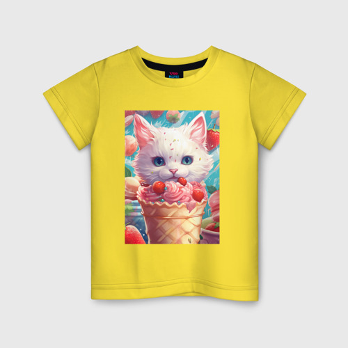 Детская футболка хлопок Белый котик и мороженое, цвет желтый