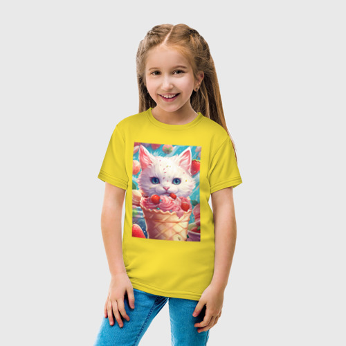 Детская футболка хлопок Белый котик и мороженое, цвет желтый - фото 5
