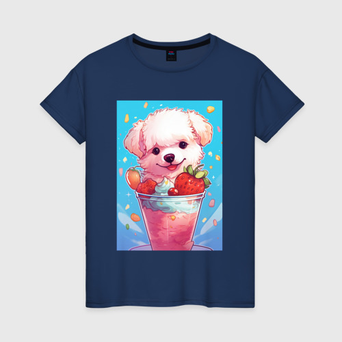 Женская футболка хлопок с принтом Клубничный щенок, вид спереди #2